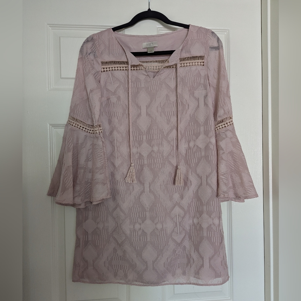 Loft | Size XXSP | Boho Bell Sleeve Tunic Dress in Light Pink